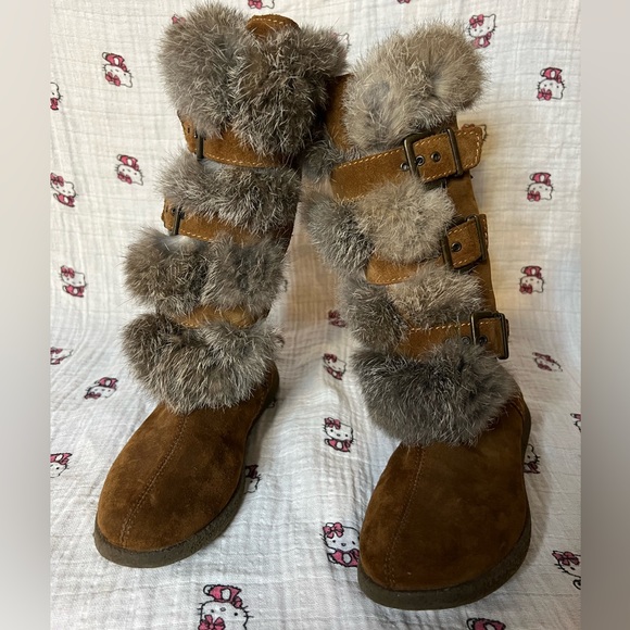 PRIMIGI SUEDE FAUX FUR KNEE-HIGH BUCKLE BOOTS BROWN GRAY BOOTIES GIRL 31 13 12.5 - Picture 3 of 15